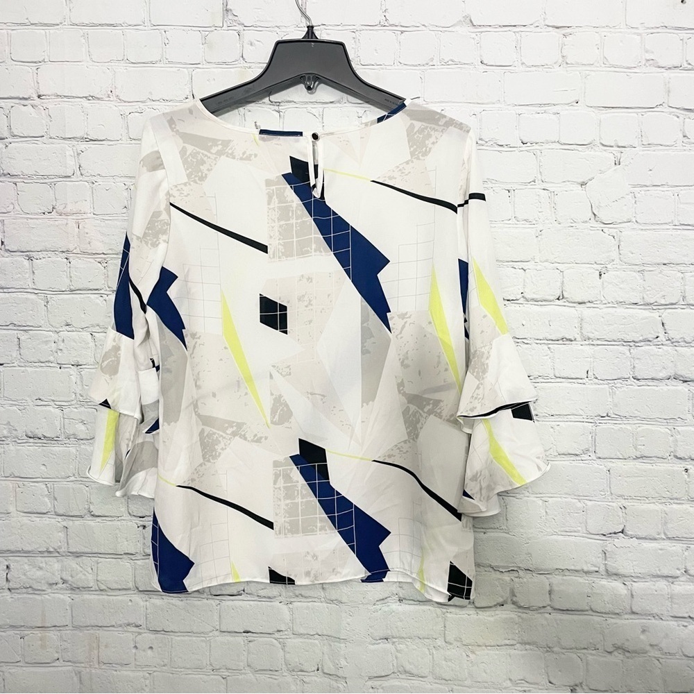 White Blue Yellow Geometric Ruffle Sleeve Blouse Large |Bell Sleeve Work Top - Picture 8 of 9